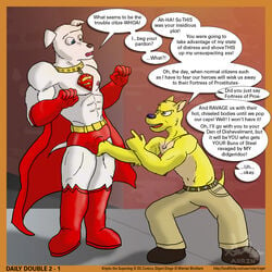 2boys abs anthro anthro_only blue_eyes boots canine cape collar crossover dc digeri_dingo furry furry_only gloves grey_eyes krypto krypto_the_superdog male male_only muscular_male necklace nipples no_humans outdoors penis_grab shirtless smooth_fur speech_bubble star_ringer tail taz-mania text text_bubble tight_clothing topless tuft watermark white_fur yellow_fur