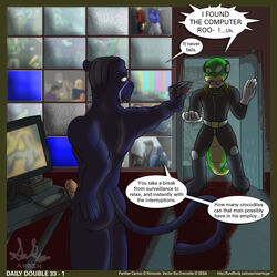 1:1 anthro ass black_fur clothes color crocodile crossover dialog english_text erection fur furry furry_ass furry_tail green_skin indoors male male_only multiple_males nude panther panther_caroso penis sonic_(series) speech_bubble star_fox star_ringer tail text vector_the_crocodile watching_porn