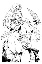 1girls big_breasts black_and_white breasts cleavage clothed clothing dual_wielding ed_benes ed_benes_studio fatal_fury female female_only footwear front_view hand_fan holding_fan holding_object human king_of_fighters leg_up looking_at_viewer mai_shiranui monochrome panties ponytail shoes simple_background solo tagme underwear very_long_hair white_background wristband