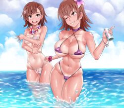 2girls adult adult_and_teenager age_difference areolae big_breasts bikini breasts brown_eyes brown_hair cameltoe cleavage collarbone female female_only functionally_nude functionally_nude_female hair hi_res innie_pussy large_breasts looking_at_viewer matching_hair/eyes mature_female milf misaka_mikoto misaka_misuzu mother_and_daughter navel nipples ocean older_female older_woman_and_teenage_girl outdoors public_nudity see-through see-through_swimsuit sereneandsilent small_breasts tanline teenage_girl teenager to_aru_kagaku_no_railgun to_aru_majutsu_no_index young younger_female