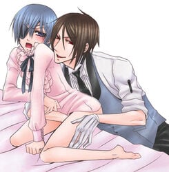 2boys blush bottomless ciel_phantomhive crossdress dress eye_patch fingering handjob kuroshitsuji male necktie pink_dress red_eyes sebastian_michaelis shirt tie trap waistcoat white_gloves yaoi