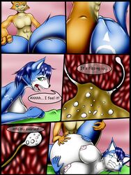 2d 2d_(artwork) 2d_artwork anthro bed beige_fur blue_fur blue_hair breasts coke coke_and_mentos cola color colored comic da_goddamn_batguy dialog english_text female fox fox_mccloud fur furry furry_breasts furry_ears furry_tail hair indoors inflation krystal male mentos nipples nude orange_fur pointy_ears sex short_hair speech_bubble star_fox straight tail text vaginal_penetration white_fur