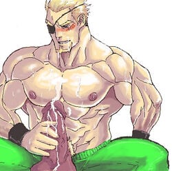 1boy balls bara blank_background blonde blonde_hair blonde_hair_male blonde_pubic_hair blush blush_lines blushed blushing boner chin_beard cum erection facial_hair gay green_pants handband human king_of_fighters kuromine_hiraya male male_focus male_only male_solo masturbation muscle pants penis pubic_hair ramon_(kof) red_blush shirtless simple_background snk solo solo_male source_request tagme testicle testicles white_background yaoi yuatari