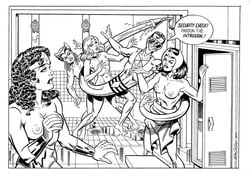 amazon angry black_canary dc dc_comics dr_light green_arrow_(series) justice_league kimiyo_hoshi locker locker_room mike_decarlo monochrome patrick_o'brian plastic_man shower shower_room surprised tagme vixen vixen_(dc) wonder_woman wonder_woman_(series)