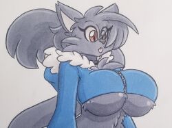 anthro big_breasts breasts cat catgirl feline female fluffy furry jumney jumneyarts solo solo_female sweater tongue_out