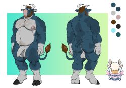 1ceberg absurd_res anthro balls belly big_pecs blue_body body_hair bovid bovine cattle erection genitals hi_res humanoid_genitalia male mammal mottled musclegut muscular muscular_male nipples nude overweight pecs slightly_chubby solo standing stubble