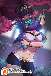 1girls akali big_breasts female female_only himmely k/da_akali k/da_series league_of_legends light-skinned_female mask midriff navel short_shorts spandex spray_can strapless strapless_top strapless_topwear streetwear thick_thighs tubetop