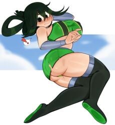 alternate_costume ass big_ass big_breasts blush breasts cosplay dc_comics embarrassed female green_clothing green_hair green_panties large_breasts long_hair melonpuff miniskirt my_hero_academia panties revealing_clothes skirt starfire_(cosplay) tear thigh_boots tsuyu_asui underwear