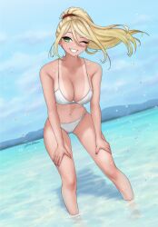 1girls beach big_ass big_breasts bikini blonde_hair cleavage dismaiden female female_only metroid navel nintendo samus_aran smile smiling tanline