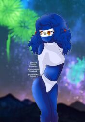 amber_eyes blue_body blue_hair blue_skin clothed_female clothing countryhumans countryhumans_girl curly_hair el_salvador_(countryhumans) imsact new_year short_hair