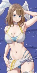 abdomen amayo_thranana arm_up armpits asymmetrical_bangs bangs bare_arms bare_legs bare_shoulders belly bikini blue_bikini blue_eyes blue_swimsuit blush breast_tattoo breasts brown_hair choker cleavage eunie_(xenoblade) hand_on_head highres hourglass_figure large_breasts long_hair midriff navel nintendo smile swimsuit thick_thighs thigh_strap thighs towel towel_around_waist voluptuous water white_bikini white_choker white_swimsuit wide_hips wings xenoblade_(series) xenoblade_chronicles_3