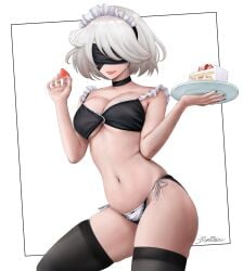 1girls black_socks blindfold cake cheesecake dismaiden female female_only maid maid_uniform nier nier:_automata nier_(series) serving_food serving_tray socks thigh_socks thighhighs yorha_2b