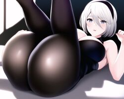 1girls ai_generated ass big_ass big_breasts cleavage grey_eyes kuibi lying lying_on_back lying_on_bed nai_diffusion nier:_automata pantyhose presenting_ass short_hair stable_diffusion white_eyes white_hair yorha_2b