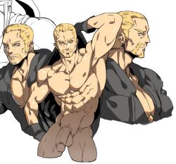 balls bara black_coat clothing ear_piercing facial_hair flaccid gloves handwear human kingdom_hearts luxord male male_only muscles muscular na_insoo nobody_(kingdom_hearts) nude organization_xiii outerwear pale_skin penis rennik solo solo_male