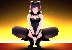 ai_generated black_boots black_hair blake_belladonna cat_ears kuibi long_hair nai_diffusion orange_eyes rwby squatting stable_diffusion thighhighs