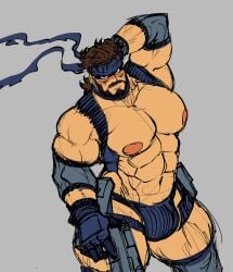 1boy abs backupcardd bara beard beefy big_pecs blush boner brown_hair bulge capsulecomputrz facial_hair gun headband human male male_nipples male_only manly metal_gear_solid muscles muscular_male mustache no_visible_genitalia pecs penis_bulge smooth_skinned_male solid_snake solo vibriicapsule2