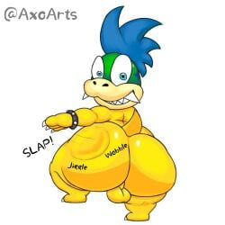 1:1 anthro ass axoarts balls big_butt blue_eyes blue_hair bracelet butt_slap digital_media_(artwork) genitals hair jewelry koopa koopaling larry_koopa looking_at_viewer male male_only mario_(series) nintendo onomatopoeia rear_view scales scalie sharp_teeth simple_background slap slapping_own_butt slapping_self solo sound_effects spiked_bracelet spikes teasing teeth text thick_thighs white_background yellow_body yellow_scales