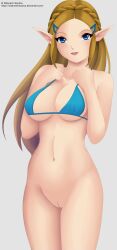 almost_nude artist_self-insert blonde_hair blue_eyes breasts breath_of_the_wild female female_focus female_only hairbow hands_on_own_chest hylian hylian_ears light_blue_bra long_hair medium_breasts nidavellirstudios nintendo no_panties open_mouth pale-skinned_female princess princess_zelda pussy simple_background solo_female the_legend_of_zelda thighs upper_body zelda_(breath_of_the_wild)