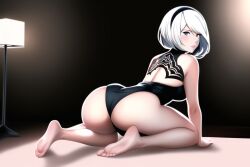 1girls ai_generated ass barefoot feet foot_fetish grey_eyes kuibi nai_diffusion nier:_automata presenting_feet short_hair soles stable_diffusion white_eyes white_hair yorha_2b