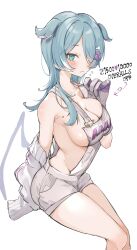 blue_hair breasts cleavage elira_pendora glove hair_over_one_eye head_wings large_breasts legs_together mole nervous nijisanji nijisanji_en no_bra oimo_buster overalls sideboob strip_game sweat topless undressing virtual_youtuber wings