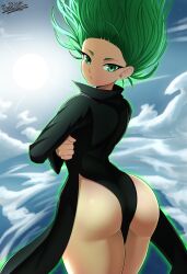 1girls ass big_ass eye_contact female female_only green_eyes green_hair looking_at_viewer looking_back one-punch_man short_hair sol-sama_d2 solo standing tatsumaki thick_thighs thighs