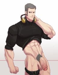 1boy abs balls ballsack bara beard_stubble brown_eyes daddy facial_hair foreskin grey_hair headphones human intact iwai_munehisa kaito_draws lad male male_only male_pubic_hair manly muscles muscular_male pants_down partially_retracted_foreskin penis persona_5 scrotum semi-erect shirt_up sideburns smooth_skinned_male solo testicles uncut veiny_penis