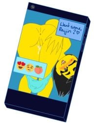 bending_over black_hair blue_phone blush cyan_panties duchess_pixal freckles gray_eyes lego looking_at_viewer naked naked_female ninjago nude nude_female nya_(ninjago) phone teasing teasing_viewer yellow_skin