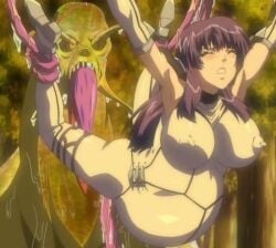 1girls 1monster anime_screencap big_belly breasts breasts_out female interspecies male_monster monster naked ova shion_(shion) shion_~zankoku_na_mahou_no_tenshi~ stitched tagme tentacle tongue