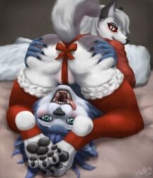 2022 4_toes 5_fingers 69_position anthro anus anus_peek ass bed bedroom big_butt blue_body blue_fur blue_hair blush bodily_fluids body_blush butt_grab camel_toe canid canid_demon canine christmas christmas_clothing claws clothed clothing deep_skin demon digital_media_(artwork) duo facial_tuft fangs feet female female/female fingers fox fur furniture genitals gift green_eyes grey_body grey_fur grey_hair hair hand_on_butt hellhound helluva_boss hi_res holidays hootingfish inner_ear_fluff inside inviting krystal legwear looking_at_viewer looking_back loona_(helluva_boss) lying mammal nintendo on_back on_bed open_mouth oral pawpads paws pillow presenting presenting_hindquarters presenting_partner pussy pussy_blush raised_tail rear_view red_sclera ribbons saliva saliva_string seductive sex skimpy smile soles spread_anus spread_butt spread_legs spread_pussy spreading squish star_fox stockings sweater take_your_pick teeth thick_thighs toe_claws toeless_legwear toes tongue tongue_out topwear tuft white_body white_eyes white_fur wraps