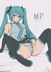 1girls absurdres aqua_eyes aqua_hair aqua_nails ass blush boots breasts cameltoe detached_sleeves female female_masturbation hatsune_miku highres keiichi_r18 long_hair masturbation masturbation_through_clothes necktie no_penetration no_penis no_sex open_mouth panties pleated_skirt sitting skirt solo solo_female spread_legs striped striped_bikini striped_panties sweat swimsuit thigh_boots twintails underwear vocaloid