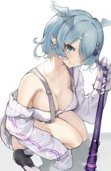 baseball_bat blue_hair breasts cleavage ear_piercing elira_pendora glove hair_over_one_eye head_wings highres large_breasts mole mole_on_breast nijisanji nijisanji_en oimo_buster overalls pointy_ears short_hair skin_fang squatting sweater virtual_youtuber