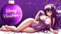 1girls antlers artist_name bauble bed bedroom_eyes blush christmas cleavage doki_doki_literature_club large_breasts long_hair looking_at_viewer present proxyl purple_eyes purple_hair seductive_smile smile snowflake thighs watermark writing yuri_(doki_doki_literature_club)