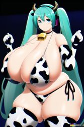 1girls ai_generated aqua_eyes aqua_hair bangs bare_shoulders big_breasts bikini bikini_bottom bikini_top blush breasts_bigger_than_head breasts_bigger_than_torso busty child_bearing_hips cow_ears cow_horns cow_print cow_print_armwear cow_print_bikini cow_print_gloves cow_print_legwear cow_print_stockings cow_print_thighhighs cow_tail cowbell cowboy_shot curvaceous curvy curvy_figure fake_animal_ears fat female female_focus female_only hatsune_miku horn hourglass_figure huge_breasts large_breasts long_hair looking_at_viewer nai_diffusion navel plump solo solo_female solo_focus stable_diffusion standing straight thick_thighs vocaloid voluptuous wide_hips