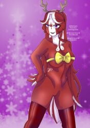 anthro big_breasts bow canada_(countryhumans) christmas countryhumans countryhumans_girl covered_breasts exposed_pussy gift_wrapped headband imsact multicolored_hair pink_eyes red_body red_skin stockings tagme