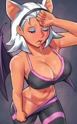 1girls armpits bat_ears bat_wings big_breasts blush cleavage closed_eyes dracksart female female_only hi_res humanized makeup medium_hair open_mouth rouge_the_bat solo sonic_(series) sonic_the_hedgehog_(series) sportswear sweat white_hair wings wiping_sweat