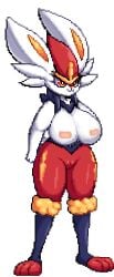 animated anthro bandaids_on_nipples big_breasts blue_body blue_fur breasts cinderace digital_media_(artwork) female fur generation_8_pokemon genitals kyodashiro nintendo orange_eyes pasties pixel_(artwork) pixel_animation pokémon_(species) pokemon pokemon_(species) pussy red_body red_fur solo standing white_body white_fur