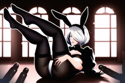 1girls 3boys ai_generated ass big_breasts black_penis bunny_ears bunnysuit dark_penis disembodied_penis faceless_male feet foot_fetish grey_eyes hair_over_one_eye hand_on_hip kuibi legs_up lying lying_on_back nai_diffusion nier:_automata on_back outline pantyhose presenting_ass presenting_feet short_hair soles stable_diffusion white_eyes white_hair white_outline yorha_2b