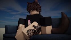 3d animated bottomless cat_boy cat_ears cat_tail catboy condom couch erection feline femboy getting_erect kraxxcat male no_sound roblox robloxian self_upload shirt solo solo_male tagme video