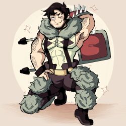 arm_hair armpit_hair balls bara beowulf_(skullgirls) blush body_hair bulge facial_hair fully_clothed hand_behind_head male male_only muscles muscular non-nude on_one_knee one_eye_closed skullgirls solo solo_male spread_legs uraniumania