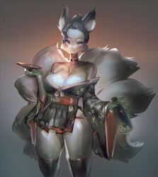 1girls anthro asian_clothing big_breasts breasts canid canine cleavage clothed clothing east_asian_clothing female female_anthro female_only fox fur furry hi_res japanese_clothing kattlea_(nexirall) kemono kimono looking_at_viewer mammal multi_tail multicolored_body multicolored_fur smiling smiling_at_viewer solo tail two_tone_body two_tone_fur utterangle