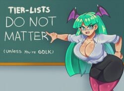 1girls alternate_costume angry ass big_ass big_breasts blackboard breasts capcom cleavage clothed clothing collar collared_shirt darkstalkers ears english_text fangs female fists_clenched funny glasses green_eyes green_hair hand_on_hip large_ass large_breasts lecturing_viewer light-skinned_female light_skin long_hair looking_at_viewer lueduartv morrigan_aensland pantyhose pencil_skirt pointing skirt solo succubus tagme teacher text thick_thighs unbuttoned unbuttoned_shirt video_game_character wings wings_on_head