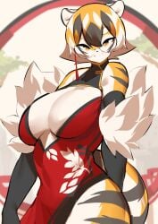 1girls amber_eyes anthro ark arknights aspirindabaitu big_breasts breasts chinese_clothes female female_only glasses looking_back mx99926 solo solo_female thick_thighs tiger tiger_girl waai_fu_(arknights) wide_hips