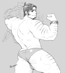 1boy arm_hair ass back back_muscles back_view bara beowulf_(skullgirls) big_ass big_butt black_and_white black_hair bulge facial_hair flexing flexing_bicep fur_coat goatee human human_only light-skinned_male light_skin looking_at_viewer looking_back male male_only monochrome muscles muscular muscular_back muscular_male muscular_thighs scarred scars scars_on_arm scars_on_thighs skullgirls solo solo_male speedo speedo_only thick_eyebrows thick_thighs underwear underwear_only whyhelbram