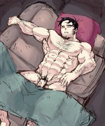 arm_hair balls bara beowulf_(skullgirls) body_hair closed_eyes facial_hair male male_only muscles muscular nude penis skullgirls sleeping solo solo_male tora_gy