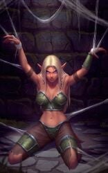 1girls armor artist_name blonde_hair blue_eyes bondage elf elf_ears elf_female female female_only high_elf looking_at_viewer pointy_ears ranger-general_serrane ripped_clothing solo solo_female ullr web_bondage