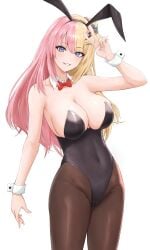 1girls bare_shoulders belly_button big_breasts blue_eyes bunny_ears bunnysuit busty cleavage exposed_shoulders female female_only fully_clothed hairclip kotoka_torahime light_blush looking_at_viewer navel nijisanji nijisanji_en pantyhose peace_sign pink_hair revealing_clothes skimpy_clothes solo solo_female solo_focus tied_hair tight_clothing v_sign vik_(xypt7474) virtual_youtuber white_background wristwear yellow_hair