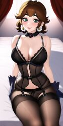 ai_generated anime_lingerie black_hair black_lingerie blue_gloves breasts brown_hair bustier casual_clothing choker cleavage female female_only flower_earrings garter_straps green_eyes human large_breasts lingerie looking_at_viewer mario_(series) nai_diffusion necklace nintendo pale-skinned_female princess_daisy room short_hair sitting smile smile_at_viewer smiley_face solo stable_diffusion stockings thighhighs thong