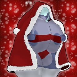 anthro cat_girl catgirl christmas christmas_clothing christmas_outfit cyan_hair grey_body grey_hair holidays huge_nipples massive_breasts milf mother mrschllyay original_character skunk skunk_girl valery_rika_(mrschllyay) wide_hips xmas