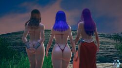 3d 3girls ass athena_(series) bikini bubble_butt clothing crossover dat_ass dragon_quest dragon_quest_iv from_behind golden_axe long_hair maya_mahabala moon_(artist) princess princess_athena purple_eyes purple_hair red_bikini sensual snk swimsuit thick_thighs thighs thong_bikini toned voluptuous walking white_bikini