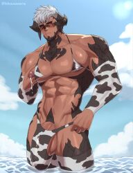 arm_sleeves au_ra balls bara bara_tits big_balls big_bulge big_pecs big_penis blush bulge cow_clothing cow_print final_fantasy final_fantasy_xiv gray_hair horns khanosera lactation male male_lactation male_nipples male_only microbikini milk milking milking_breasts muscles muscular muscular_male nipple_bulge nipples_visible_through_clothing penis red_eyes solo solo_male standing_in_water swim_briefs thigh_highs thighhighs thong xaela